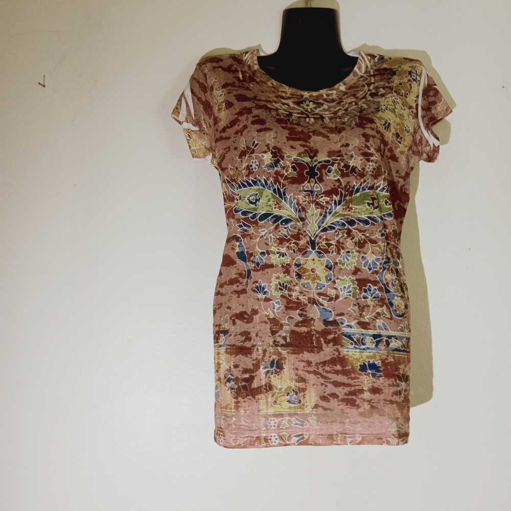 Floral  Short Sleeve Top - Rusty Brown Multicolor